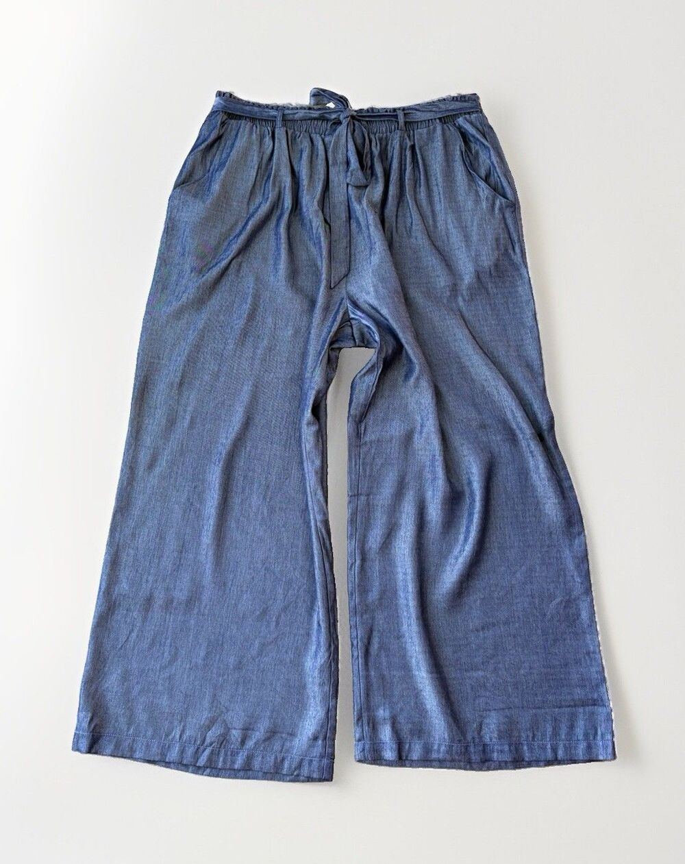 LuLaRoe Dianne Wide Leg Pants XL Blue Chambray Paperbag Tie Waist Pockets Soft